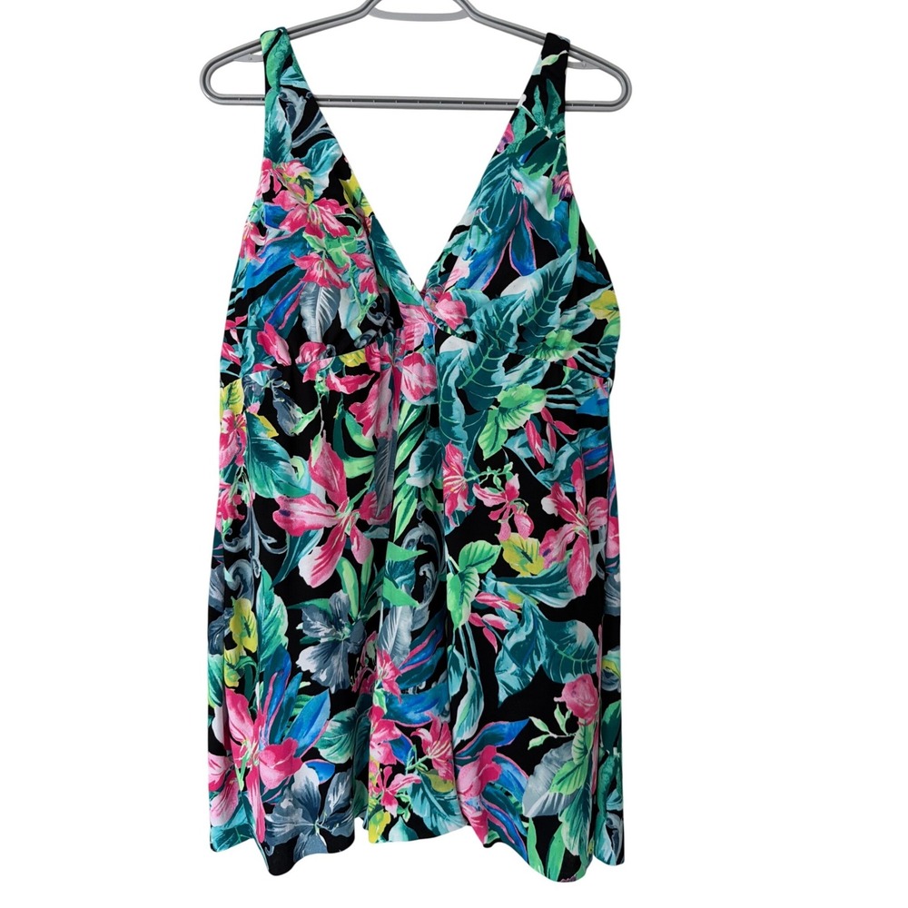 Trimshaper Floral Tropical Print Swimdress One Piece Swimsuit Multicolor‎ 16